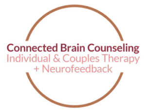 The image shows a logo with a circular design. Inside the circle, the text reads "Connected Paths Counseling" in red, and below it states "Individual & Couples Therapy & Neurofeedback" in pink. The text and circle have a transparent background.