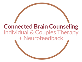 The image shows a logo with a circular design. Inside the circle, the text reads "Connected Paths Counseling" in red, and below it states "Individual & Couples Therapy & Neurofeedback" in pink. The text and circle have a transparent background.